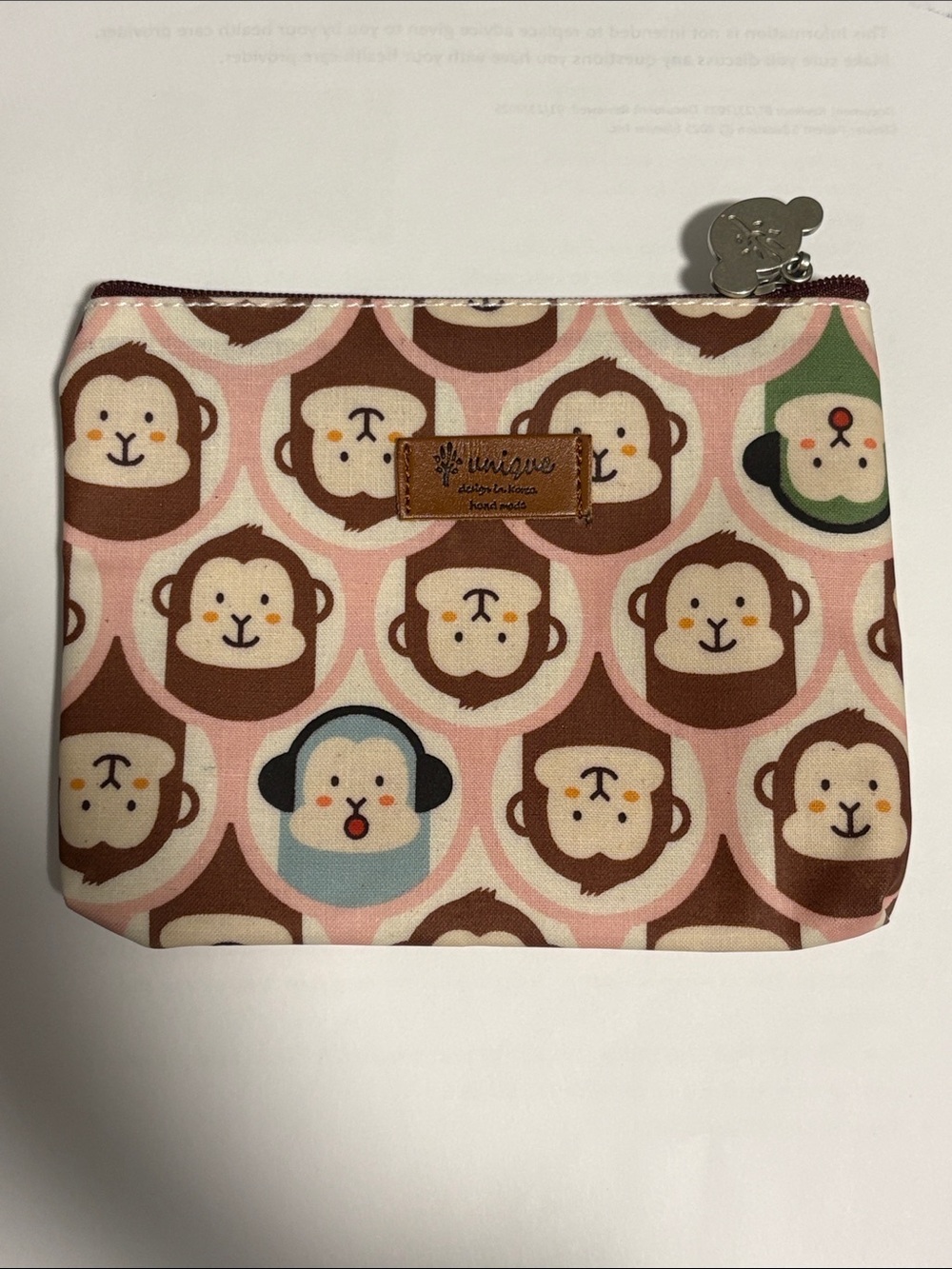 Monkey Pattern Zip Pouch - Pink and Brown